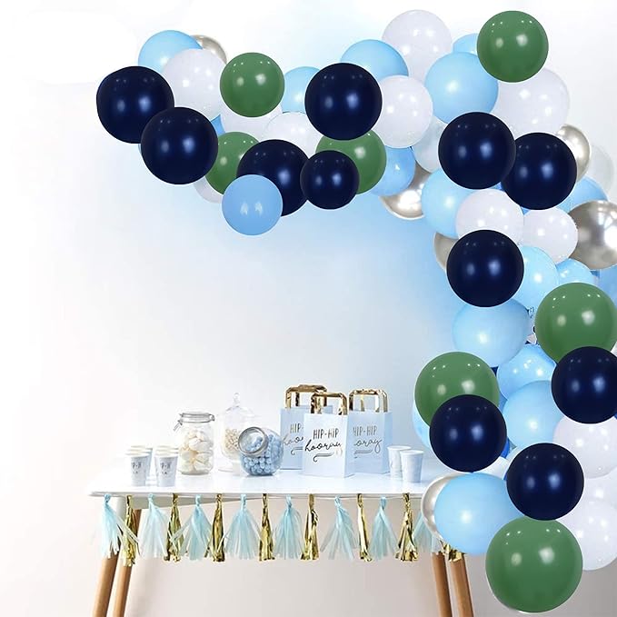 Balloons Green and Blue, 60Pcs 12 Inch Navy Blue Green White Latex Party Balloons for Kids Birthday, Jungle Safari Themed Party, Dinosaur Party Supplies, Baby Shower, Wedding, Anniversary