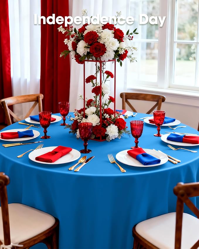 Pureegg Plastic Table Cloth Disposable 6 Pack, 84'' Round Table Cloths, Graduation, Patriotic Decorations, Thanksgiving, Veterans Day Tablecloths, Round, Plastic Cover, Waterproof, Blue