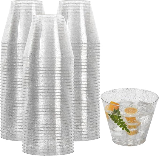 I00000 9oz 200 Pack Silver Plastic Cups, 9 Ounce Plastic Wine Cups with Silver Glitter Design, Fancy Wedding Cup, Cocktail Disposable Cup, Perfect for Parties, Wedding and Festival Events