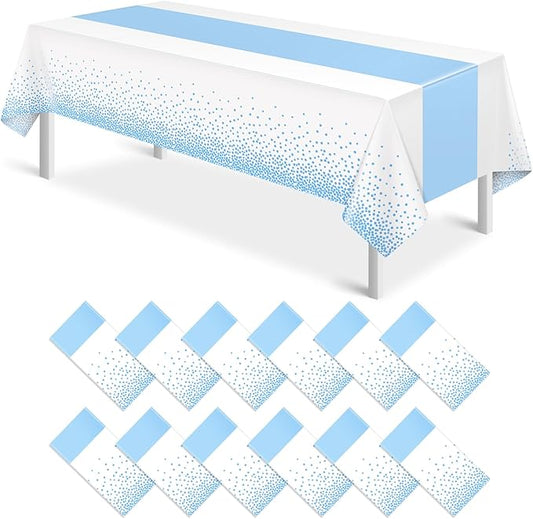 12Pcs White Light Blue Tablecloth Party Decorations,Plastic White Table Cloth Printed Baby Blue Tables Runner Disposable Rectangle Table Cover for Birthday Baby Shower Wedding Party,54 x108 Inch