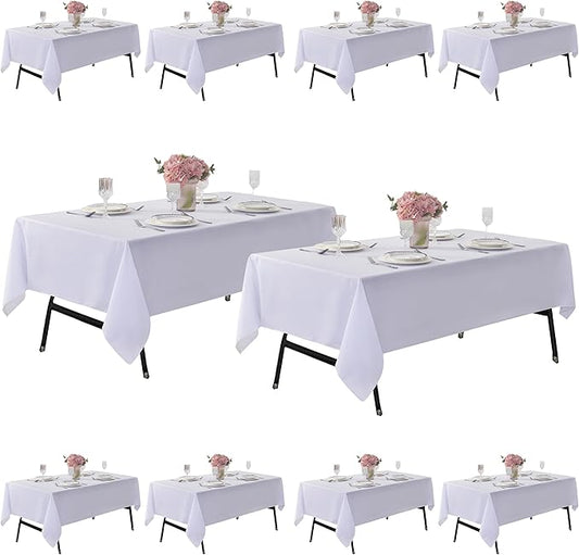 10-Pack 60x84 inch White Table Cloths, Solid Stain and Wrinkle Resistant Oblong Tablecloth, Premium Plain Weave Polyester Fabric Rectangle Table Linen Covers for Hotel, Banquet