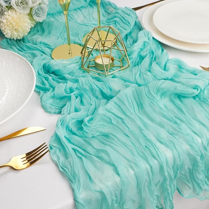 FEXIA 3 Pack Sky Blue Table Runner 35x120 Inches for Baby Shower Decoration Gauze Rustic Table Runner for Wedding Party First Communion Centerpiece Engagement Bridal Shower Boho Decoration