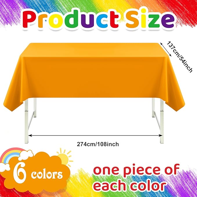 VAIPI 6 Pcs Rainbow Plastic Tablecloths Assorted Colorful Disposable Party Table Cloths Rectangle Pastel Table Covers for Wedding Birthday Neon Party Decor, 108'' x 54''