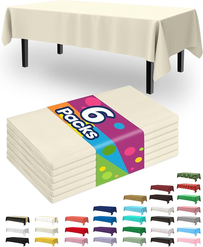 Pureegg Plastic Table Cloth Disposable 6 Pack, 54 x 108 Inch Table Cloths, Party, Wedding, Thanksgiving Decorations, Fall Tablecloths, Rectangle, Beige Plastic Cover, Waterproof, Cream, Ivory