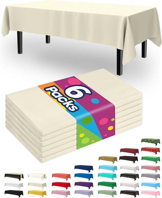 Pureegg Plastic Table Cloth Disposable 6 Pack, 54 x 108 Inch Table Cloths, Party, Wedding, Thanksgiving Decorations, Fall Tablecloths, Rectangle, Beige Plastic Cover, Waterproof, Cream, Ivory