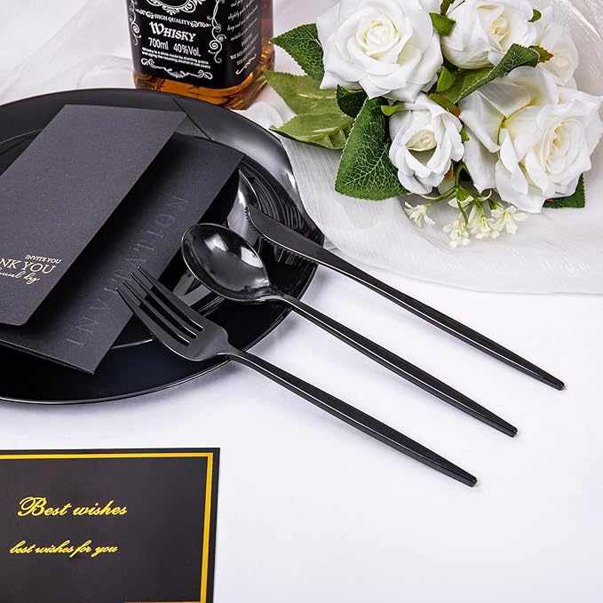 PULOTE 150PCS Black Plastic Silverware Set Disposable - Heavy Duty Black Plastic Cutlery - Black Plastic Utensils Set Include 50 Forks,50 Spoons,50 Knives for Party&New Year