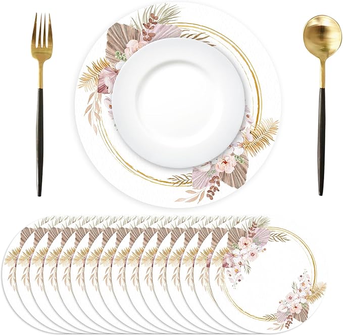 50 Pack Paper Placemats Disposable Boho Floral Leaves Place Mats 13.7 Inch Bohemian Round Table Mats for Birthday Spring Wedding Bridal Baby Shower Party Supplies