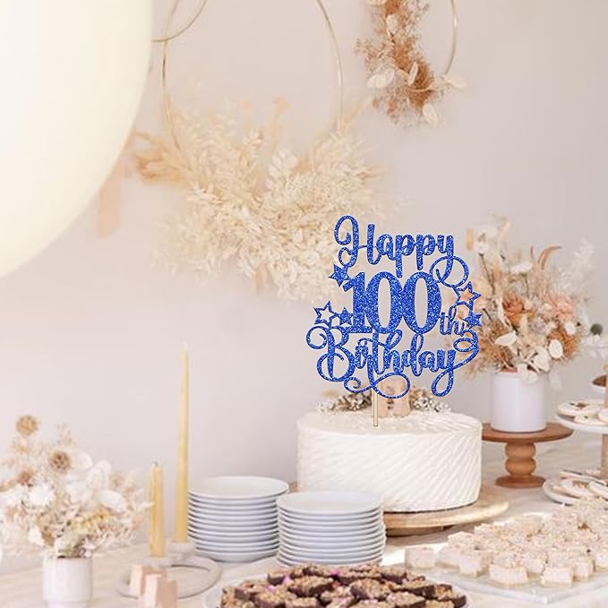 1 PCS Happy 100th Birthday Cake Topper Glitter Cheers to 100 Years Birthday Cake Pick Hello 100 Fabulous Cake Decoration for Happy 100th Birthday Anniversary Party Decorations Supplies Blue