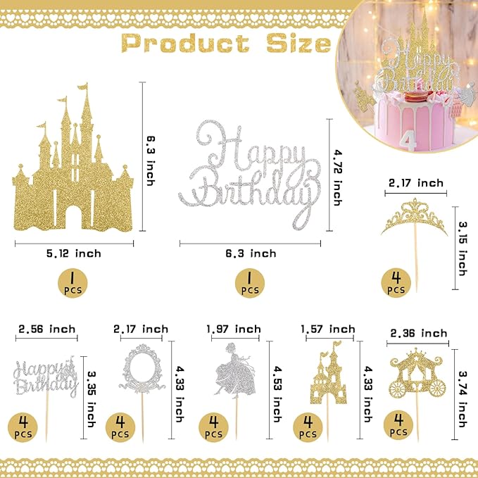 26pcs Gold Castle Cake Toppers Glitter Princess Prom Crown Cupcake Toppers for Princess Birthday Party Decorations Baby Shower Cake Decorations Supplies
