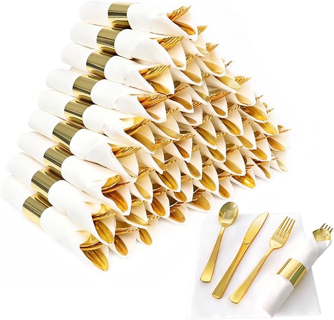 50 Pack Pre Rolled Gold Plastic Silverware Set,Wrapped Plastic Cutlery Set with Napkin Include 50 Forks,50 Spoons,50 Knives and 50 White Napkins for Party, Wedding,Christmas