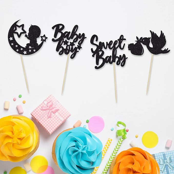 24Pcs Sweet Baby Boy Cupcake Toppers Black Glitter Moon Star Baby Shower Gender Reveal Cupcake Picks Decorations for Baby Shower Kids Boys Birthday Party Cake Decorations Supplies