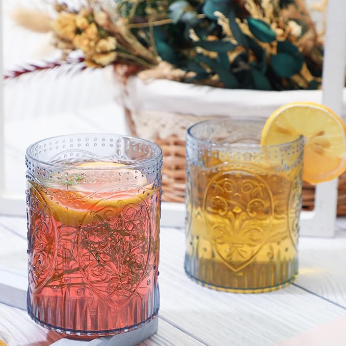 24 Plastic Vintage Drinking Glasses 8.5oz Stemless Retro Embossed Wine Glasses Shatterproof Reusable Cups for Baby Shower Wedding Reception Grand Event Party (Blue)