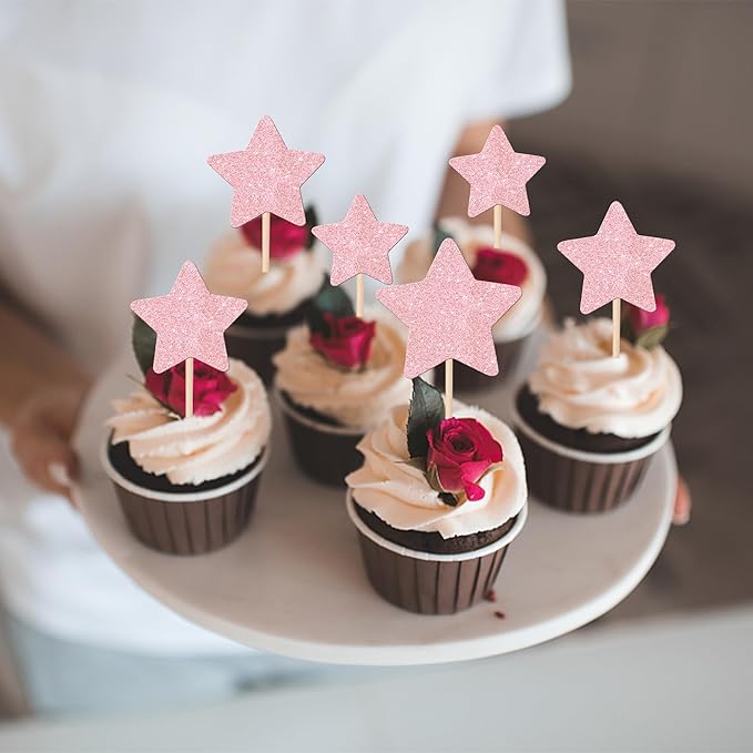 30 PCS Star Cupcake Toppers Glitter Assembled Twinkle Star Cupcake Picks Wedding Engagement Bridal Shower Birthday Party Cake Decorations Supplies Mixed Size Light Pink
