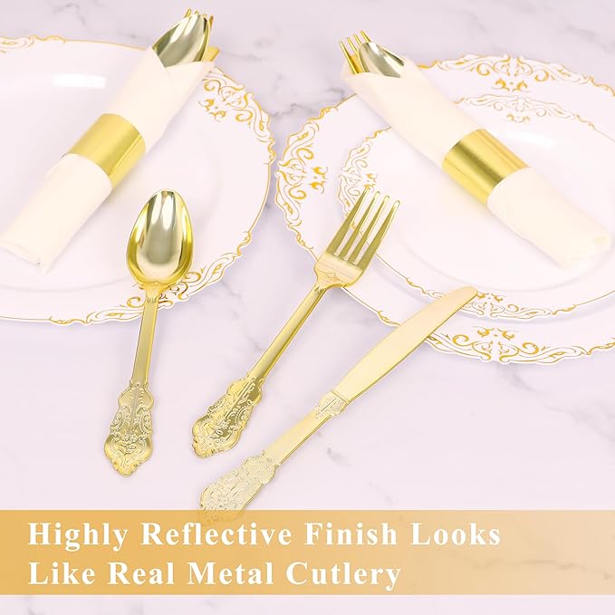 50 Pack Pre Rolled Gold Plastic Silverware Set,Fancy Wrapped Plastic Cutlery Set with Napkin Include 50 Forks,50 Spoons,50 Knives and 50 White Napkins for Party, Wedding,Christmas