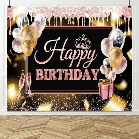 0x8ft Pink Gold Happy Birthday Backdrops Glitter Black Rose Gold Birthday Banners Rose Gold Sign Decoration