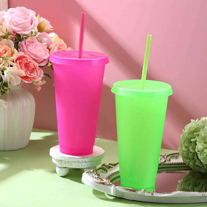 Honeydak 30 Pack Tumbler with Straw and Lid Bulk Cups for Gifts Glitter Plastic Coffee Cups 24-27 oz Reusable Water Bottle Iced Coffee Travel Mug Party Favors for Birthdays Travel (Pink and Green)