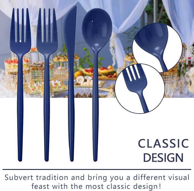 Supernal 180pcs Blue Plastic Silverware Heavy Duty Blue Party Disposable Cutlery Plastic Forks and Spoons Disposable Utensils Include 60 Forks,60 Knvies,60 Spoons for Wedding,Party or Daily Using