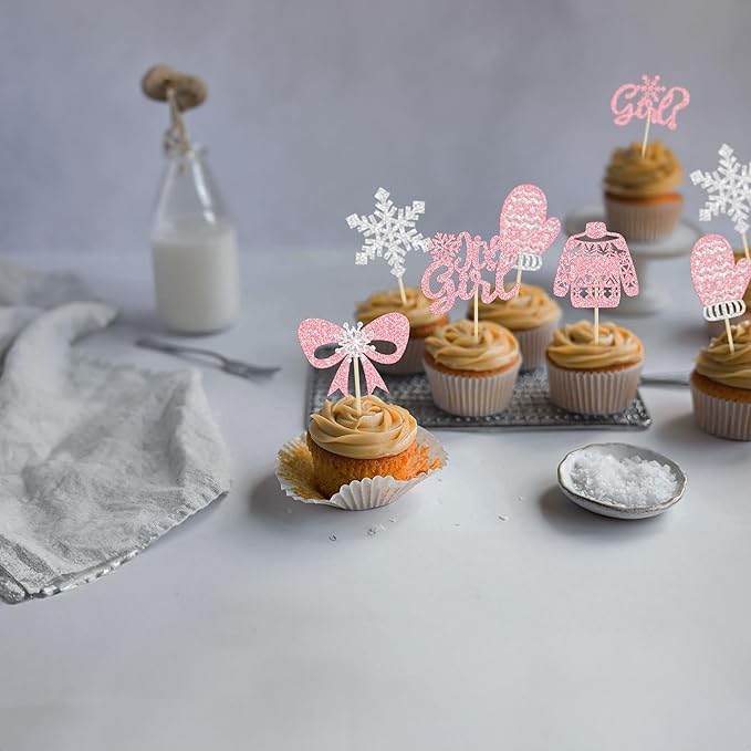 24Pcs Snowflake It's a Girl Cupcake Toppers Glitter Gloves Sweater Winter Frozen Cupcake Picks Wonderland Girls Birthday Baby Shower Cake Decorations Party Supplies Pink