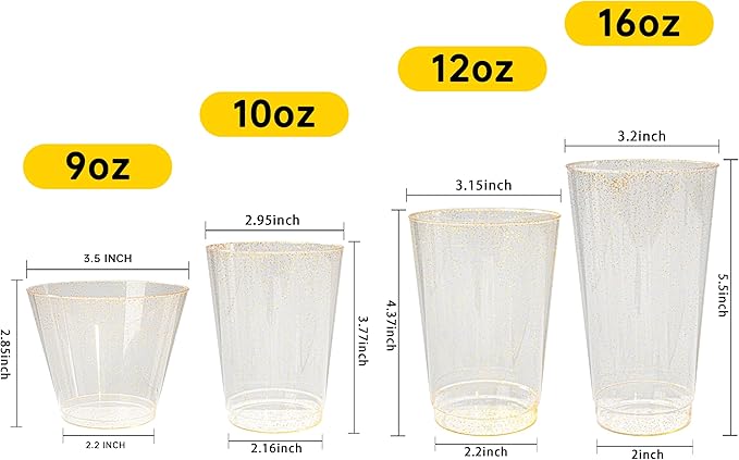 I00000 60 Pack 10oz Gold Plastic Cups, Premium Disposable Gold Glitter Plastic Cups for Martini and Cocktail,Hard Clear Disposable Cup with Gold Glitter Perfect for Fancy Wedding and Elegant Party Cup