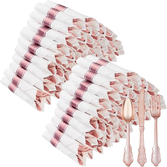 100 Pack Rose Gold Plastic Silverware with Pre Rolled Napkins for 100 Guests, Heavyweight Rose Gold Disposable Utensils Sets Includes 300 Plastic Cutlery, 100 Napkins for Party & Wedding