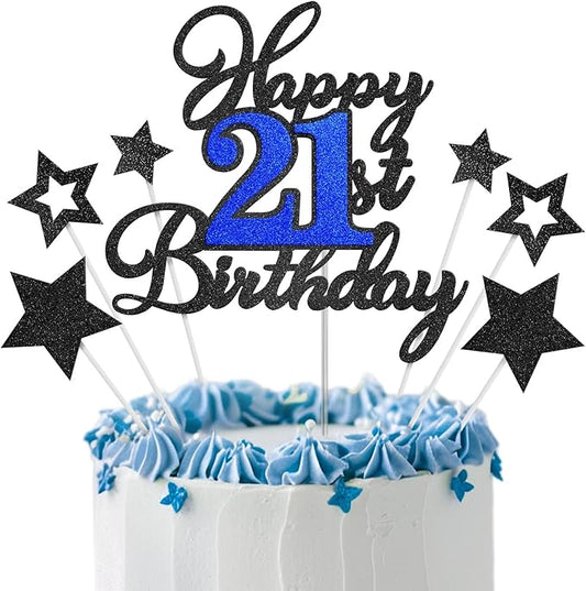 Happy 21st Birthday Cake Toppers, Black Blue Glitter Cake Decorations Set, 21st Birthday Decor, Birthday Anniversary Party Decorations Supplies
