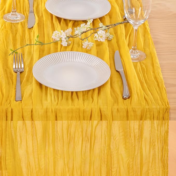 MLMC Gold Table Runner Rustic Gauze Cheesecloth Table Runner 13.3ft Winter Decor Cheese Cloth Table Decoration 35x160 Inches for Party Family Gatherings Home Decor