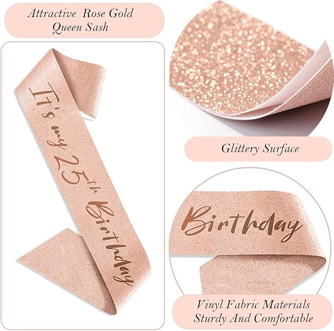 25th Birthday Decorations Gifts for Women, Including 25 year old Cake Topper, Queen Sash with Pearl Pin, Sweet Rhinestone Tiara Crown, Number Candles and Balloons Set, Rose Gold