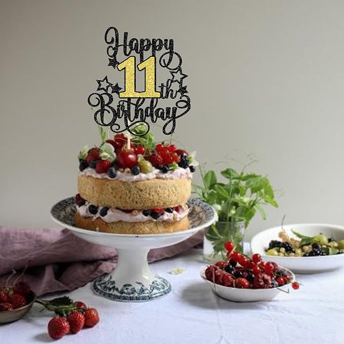 1 PCS Happy 11th Birthday Cake Topper Black Gold Glitter Cheers to 11 Years Birthday Cake Pick Hello 11 Fabulous Cake Decoration for Happy 11th Birthday Anniversary Party Decorations Supplies