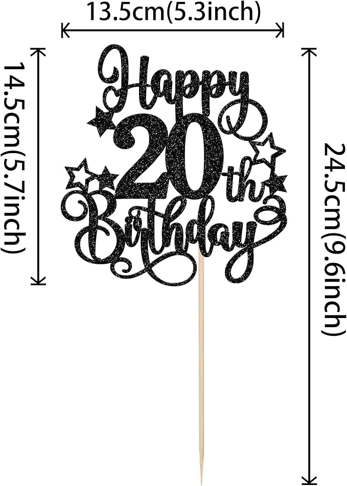 1 PCS Happy 20th Birthday Cake Topper Glitter Cheers to 20 Years Birthday Cake Pick Hello 20 Fabulous Cake Decoration for Happy 20th Birthday Anniversary Party Decorations Supplies Black