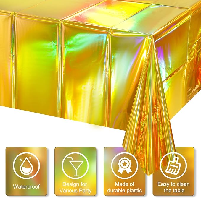 1 Pack Gold Iridescent Plastic Tablecloths Shiny Disposable Laser Rectangle Table Covers Holographic Foil Tablecloth Iridescent Party Decorations Birthday Bridal Wedding Christmas, 54 x 108 Inch