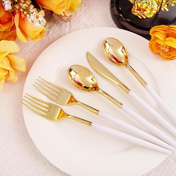 Rubtlamp 96 Pcs Gold Plastic Silverware, Gold Plastic Utensils with White Handle, Cutlery Set Disposable Includes: 32 Knives, 32 Plastic Spoons And 32 Forks for Wedding And Party