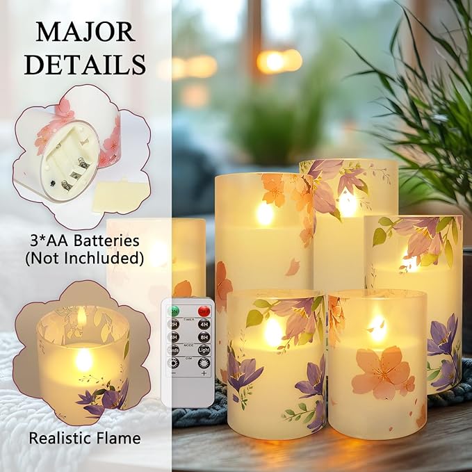 6Pack Flameless LED Candles with Remote Control and Timer-Floral Pillar Battery Operated Candle -(D3 X 4”5”6”) for Home décor, Wedding,Dinner,Holiday