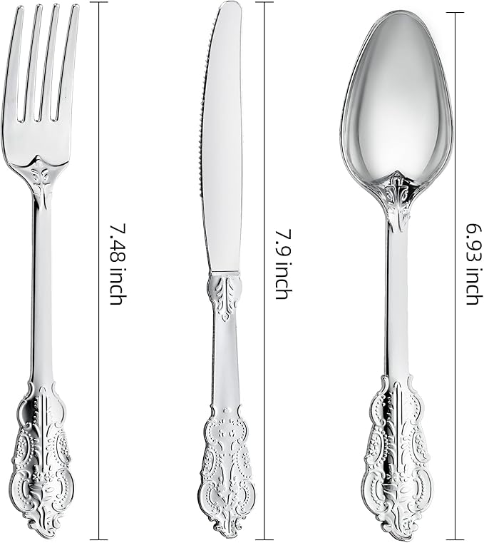 N9R 300PCS Silver Plastic Silverware, Heavy Duty Plastic Cutlery for Parties, Fancy Disposable Flatware Set Includes 100 Forks, 100 Spoons, and 100 Knives, Perfect for Weddings, Dinners, Picnics