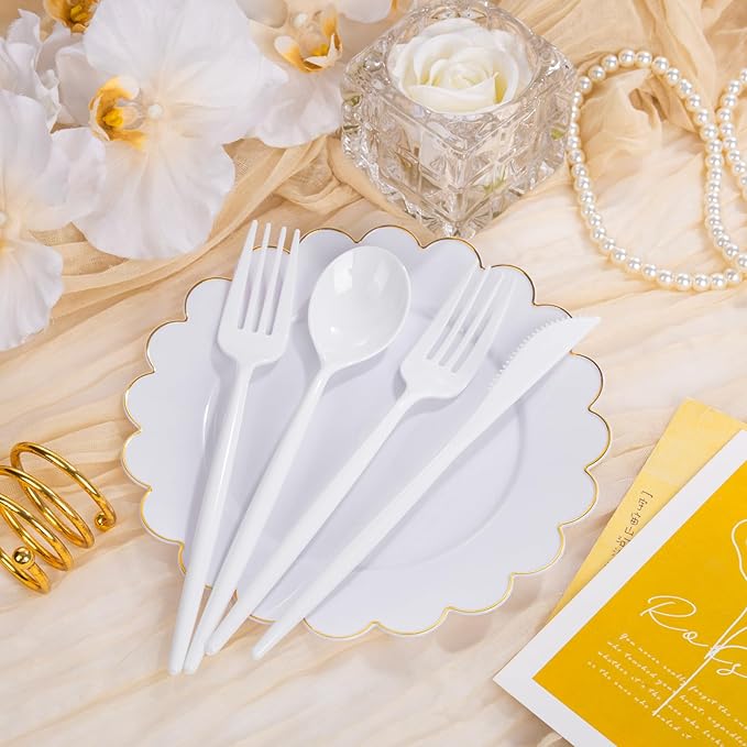Supernal 360pcs White Plastic Silverware Heavy Duty Disposable Cutlery Set Includes White Party Knives,Plastic Forks and Spoons Suitable July 4th,Weddings & Birthday