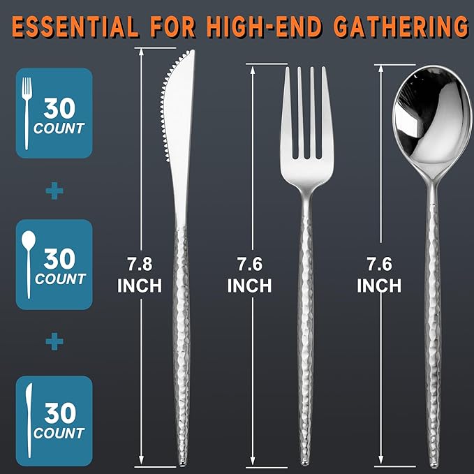 Rubtlamp 90Pcs Christmas Silver Plastic Silverware, Hammered Christmas Disposable Silverware,Silver Plastic Forks And Spoons, Fancy Plastic Cultery Include 30 Forks, 30 Knives And 30 Spoons for Party