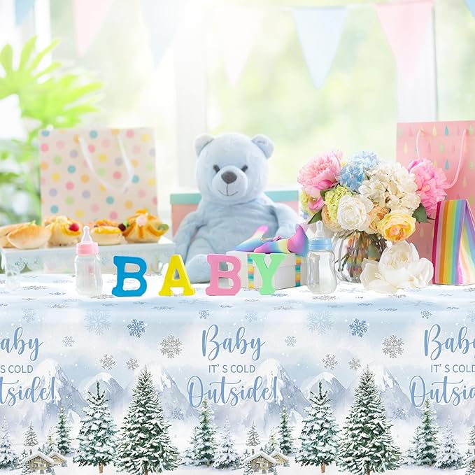 Baby It's Cold Outside Baby Shower Decorations, 3pcs Blue Winter Woodland Plastic Tablecloth Rectangle Table Cover for Christmas Baby Shower Party Decorations Boys