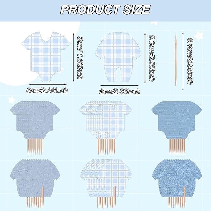 48Pcs Baby Shower Decorations Boy Cupcake Toppers Decorating, Blue Baby Shower Boy Cake Toppers Party Decorations Supplies, Blue Bodysuit Happy Birthday Decor Supplies Cake Decor