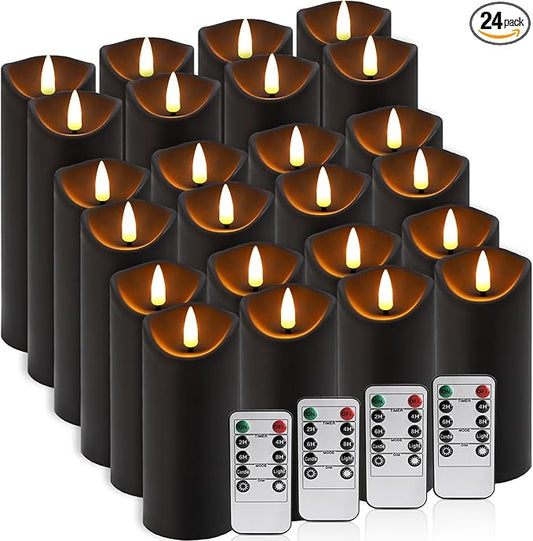24-Pack Black Flameless LED Candles with Remote & Timer (3 Sizes) - Battery Operated Halloween Pillar Candles for Spooky Decor, Haunted House, Gothic Wedding, Holiday Centerpieces