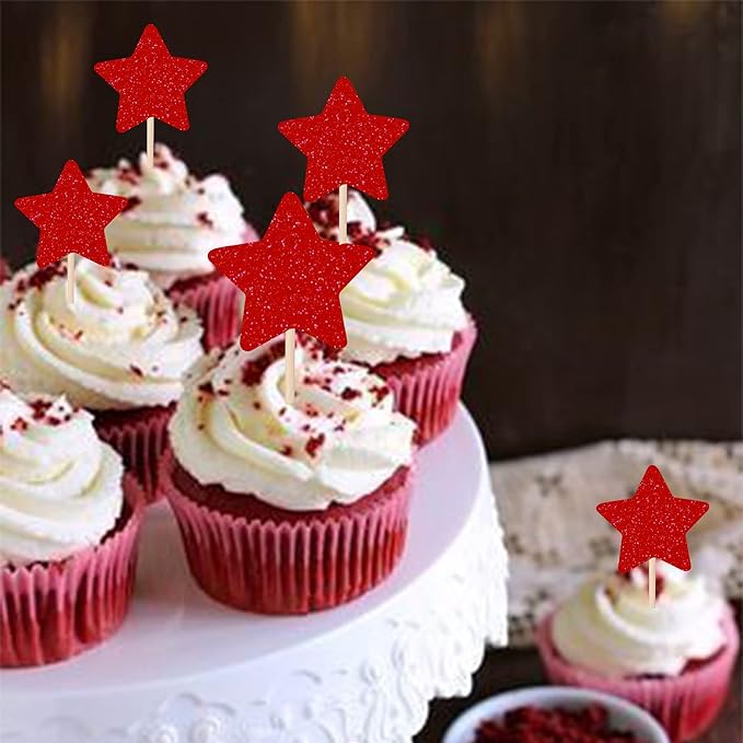 30 PCS Star Cupcake Toppers Glitter Mixed Size Twinkle Little Star Cupcake Picks Decorations for Wedding Anniversary Baby Shower Birthday Party Supplies Red