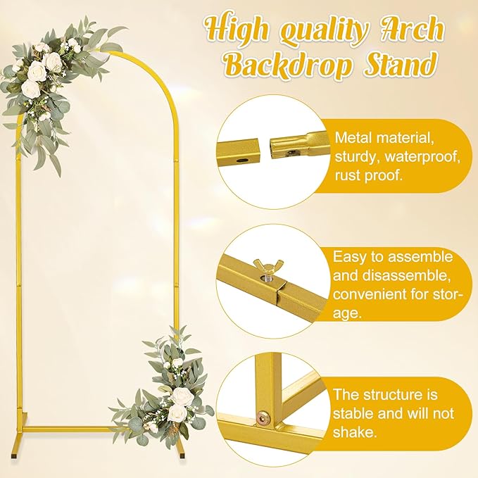 Metal Arch Stand and Cover Set,1 Fushia Spandex Fitted Backdrop with 1 Gold Wedding Arched Stand Frame for Parties Birthday Baby Shower Bridal Banquet Decoration (4FT)