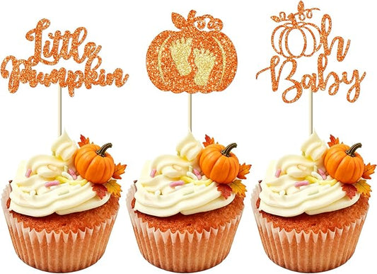 Little Pumpkin Cupcake Toppers, 24 Pcs Glitter Pumpkin Cupcake Picks Little Pumpkin Baby Shower Decorations Little Pumpkin Baby Shower Party Supplies
