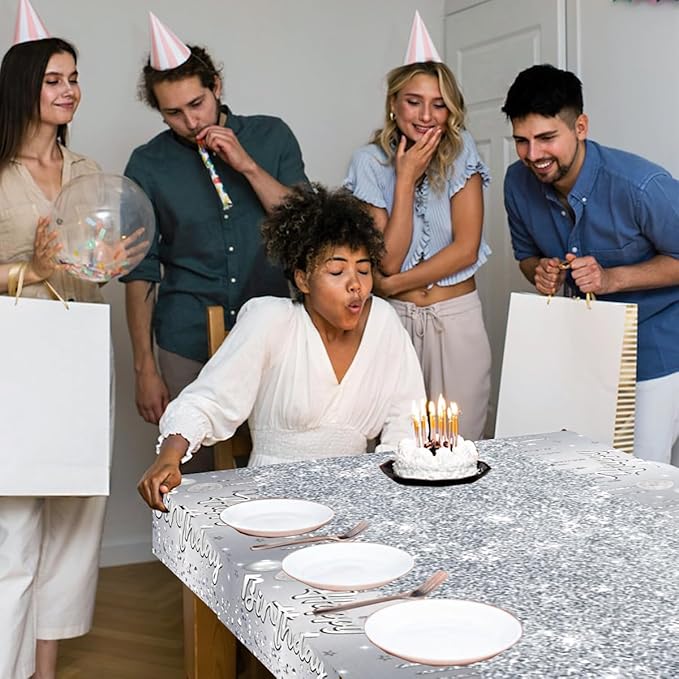Happy Birthday Tablecloth,3pcs Sliver Table Cloths for Parties Glitter Sliver Birthday Decoration for Women Men’s 18th 21st 30th 40th 60th 70th Birthday Party Supplies