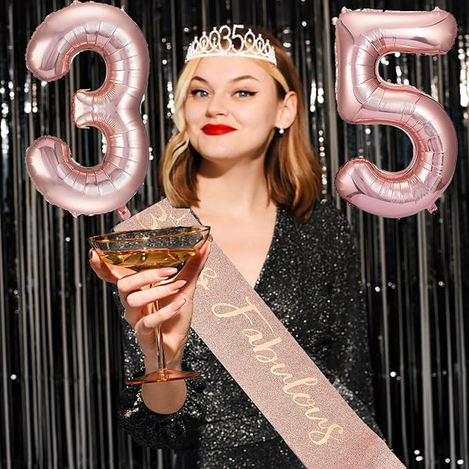 35th Birthday Decorations Gifts for Women, Including 35 year old Birthday Cake Topper, Queen Sash with Pearl Pin, Sweet Rhinestone Tiara Crown, Number Candles and Balloons Set, Rose Gold