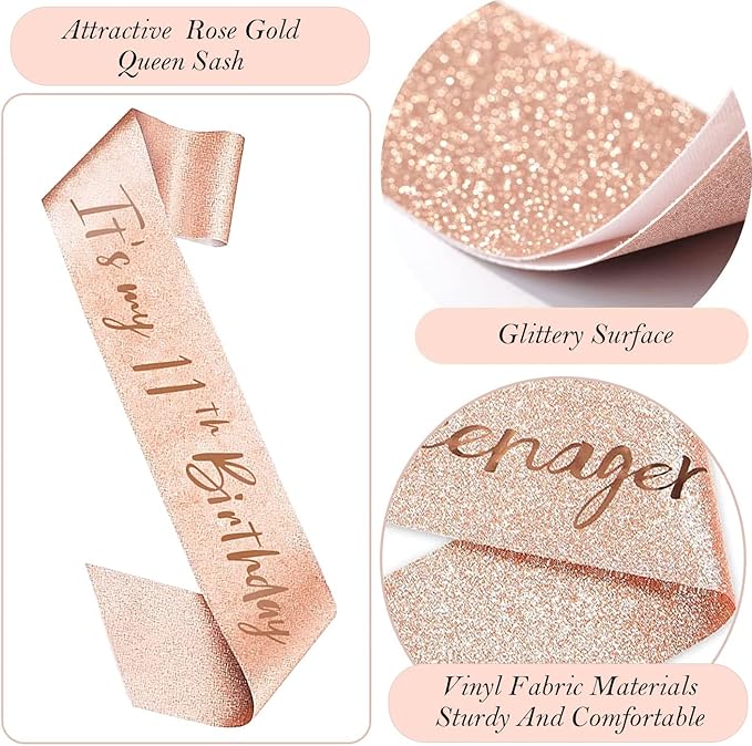 11th Birthday Decorations for Girls, 11th Birthday Sash and Crown, Cake Topper, Number Candles and Balloons, 11 Year Old Gifts for Girls