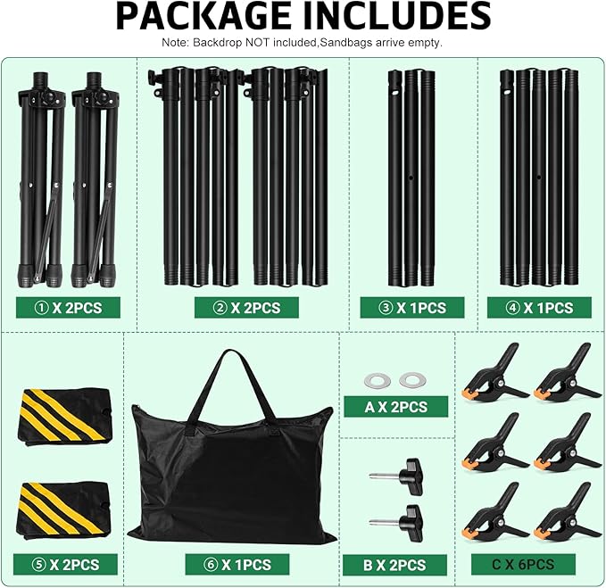 3-in-1 Backdrop Stand Kit 10x7.5 ft for Photography Studio, T-Shape Backdrop Stand for Wedding Parties, Background Stand for Photo Video Studio with Carring Bag, 6 Clamps, 2 Sandbags