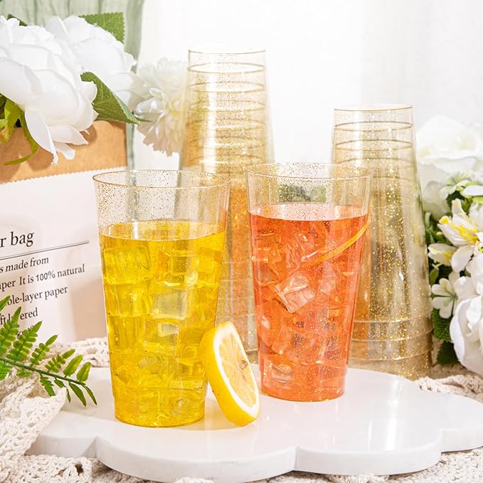 I00000 16 oz Gold Plastic Cups, 50 Pack Gold Glitter Plastic Cups Tumblers Disposable Party Cup Wedding Cup, Heavy-duty Plastic Disposable Glasses Ideal for Halloween,Thanksgiving and Christmas