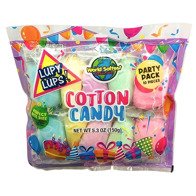Lupy Lups! Cotton Candy Party Pack – 0.5 oz Each, Individually Wrapped Small bags – Perfect for Stockings, Treats, Party Favors, Buffet Tables, and Piñatas