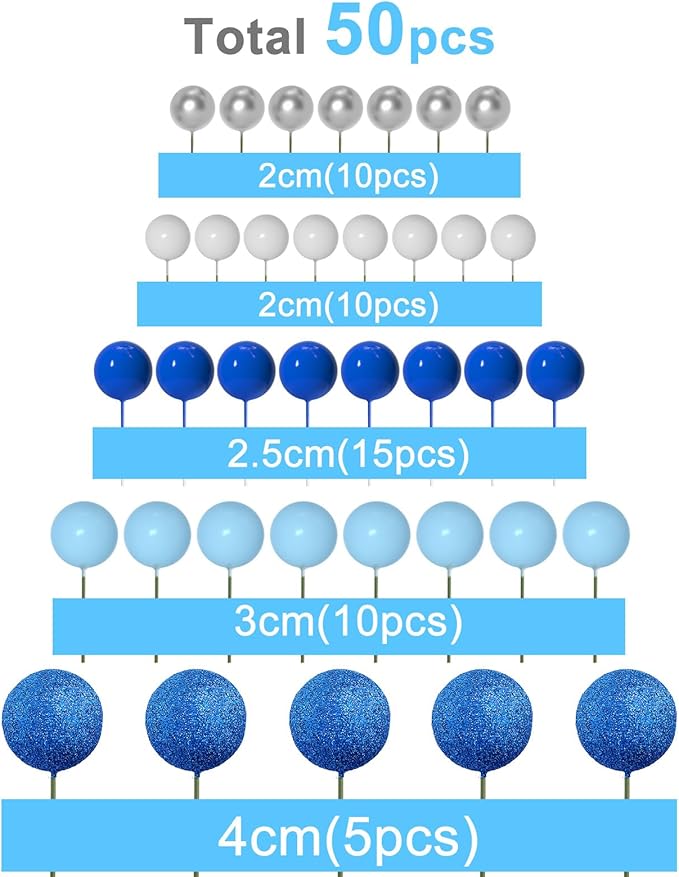 ASTARON 50 Pcs Ball Cake Topper Sticks Mini Balloons for Decorating Supplies Foam Balls Cake Toppers for Baby Shower, Birthday - Blue Series