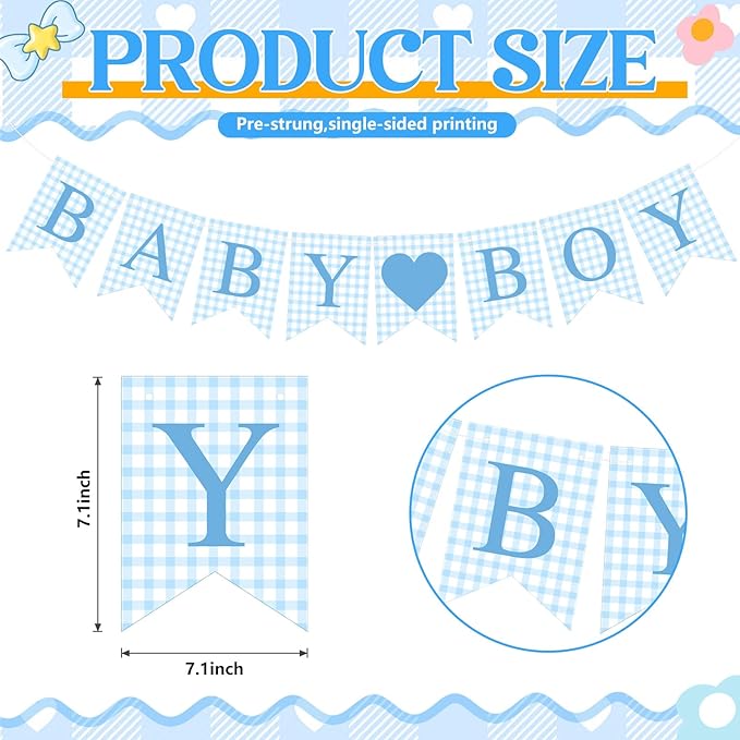 1 Pcs Blue Gingham Baby Boy Banner for Party Decorations Blue Pre Strung Baby Shower It's a Boy Gender Reveal Paper Banner for Table, Wall or Mantel Display Party Decor Supplies