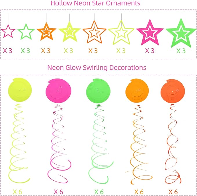 54 Pieces UV Hanging Swirl Paper Star Garlands Neon Streamers Glow Party Supplies and Decorations Black Light UV Reactive for Dark Glow Wedding Birthday Party Favors